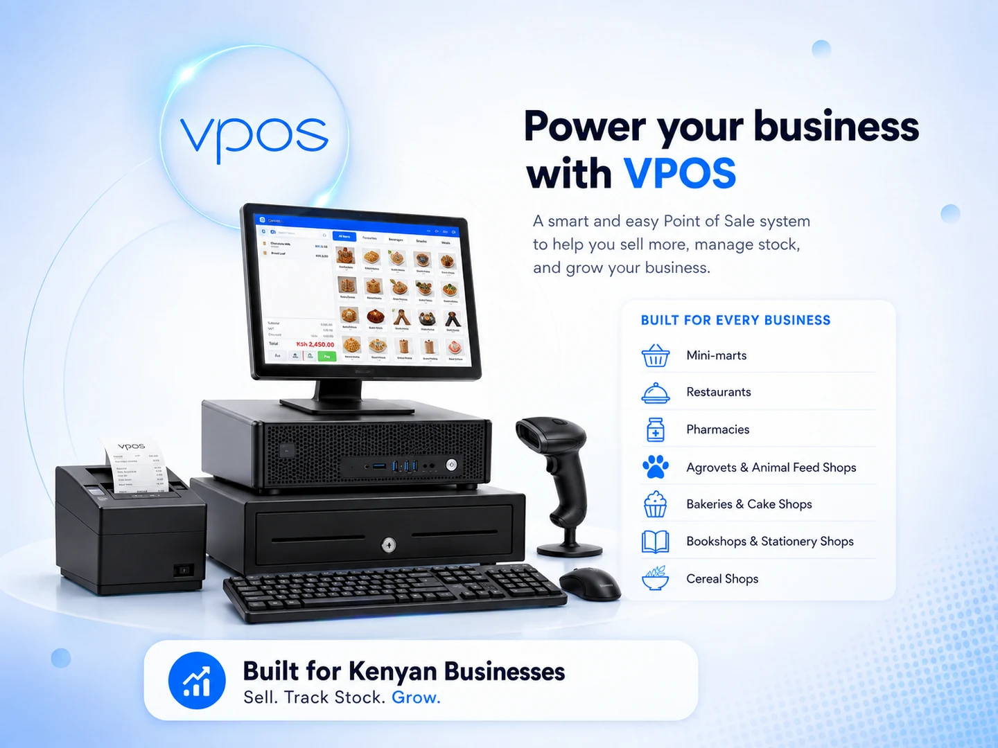 VPOS point of sale system for mini-marts, restaurants, pharmacies, agrovets, bakeries, bookshops, stationery shops, and cereal shops in Kenya